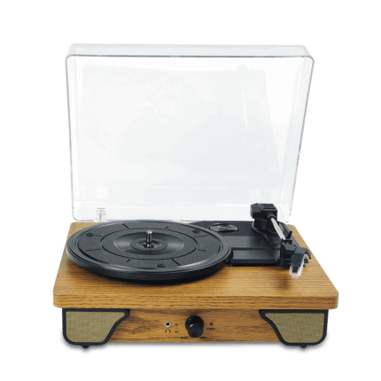 Retro wood-grain vinyl record player
