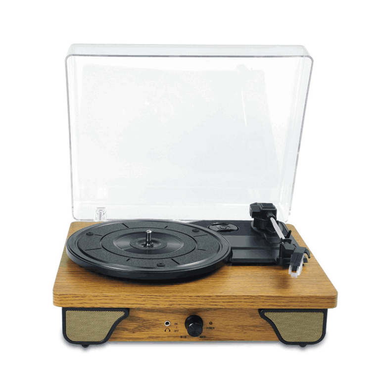 Retro wood-grain vinyl record player