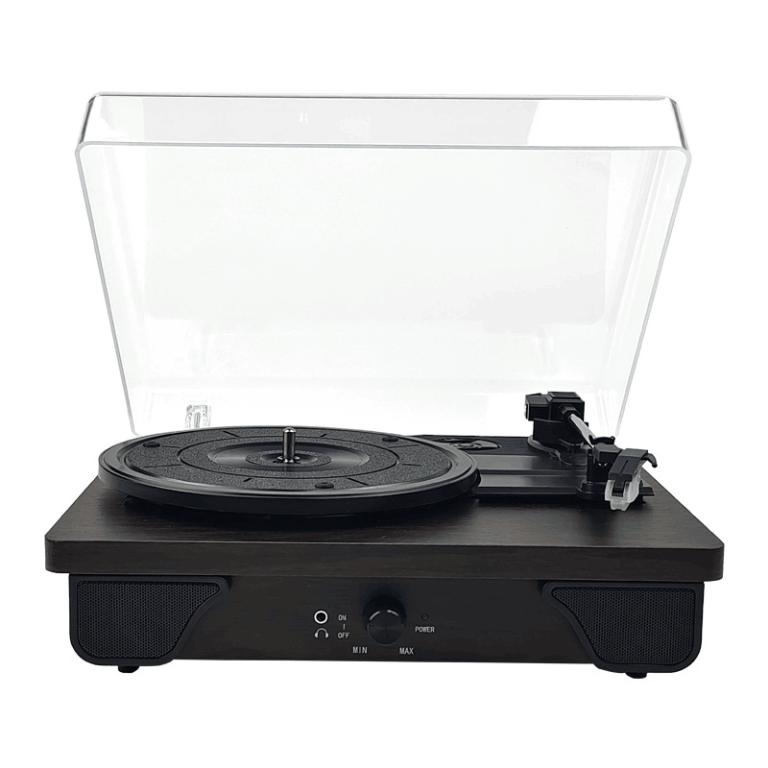 Retro wood-grain vinyl record player