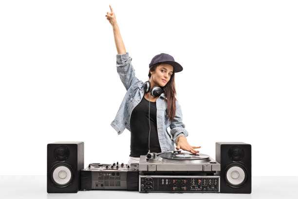 Female DJ spinning tracks on a professional vinyl record player setup.